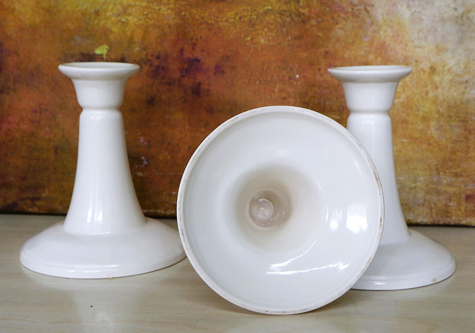 A Trio Of Mid 20th Century Ceramic Candlesticks Simple Clean Lines Mcm Free Post photo 73.0