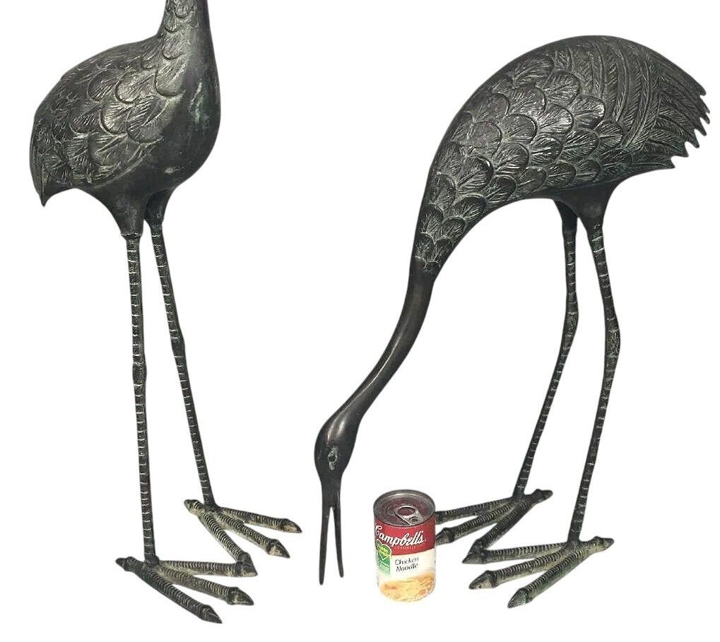 Vintage Pair Of Large Life Sized Weathered Bronze Cranes photo for sale
