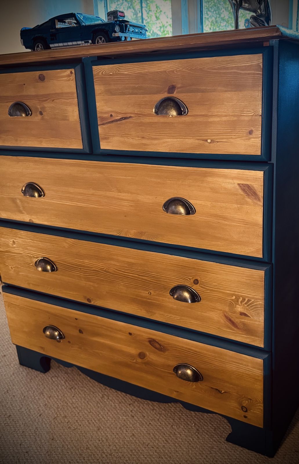 photo for sale Beautiful Restored Blue Chest Of Drawers With Wood Accents.
