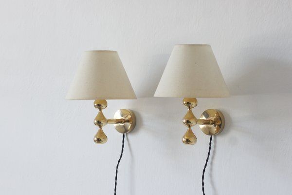 24 Carat Gold Plated Teardrop Wall Lamps By Hugo Asmussen, Denmark, 1970s, Set Of 2