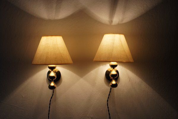 24 Carat Gold Plated Teardrop Wall Lamps By Hugo Asmussen, Denmark, 1970s, Set Of 2 photo vintage
