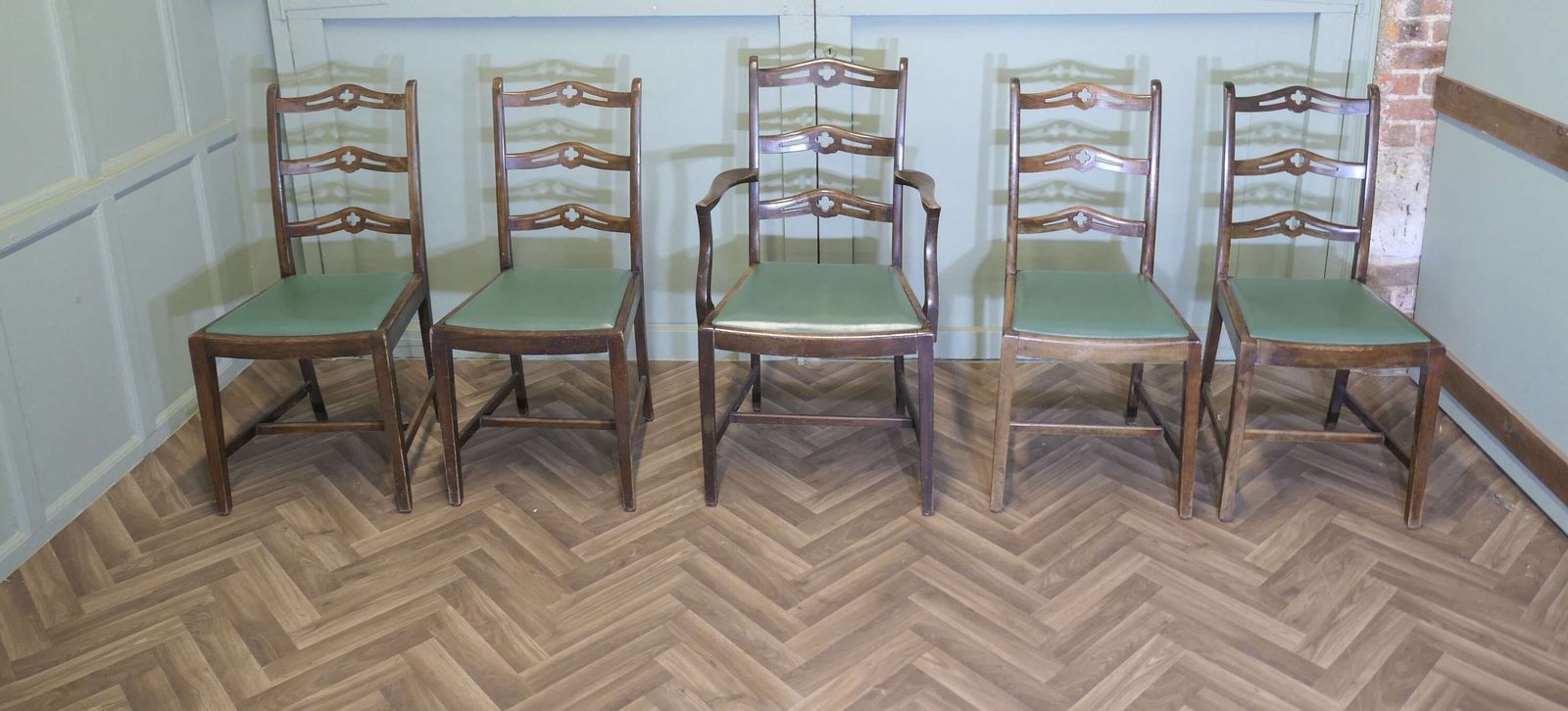 A Good Set Of 5 Wavy Ladder Back Dining Chairs photo for sale