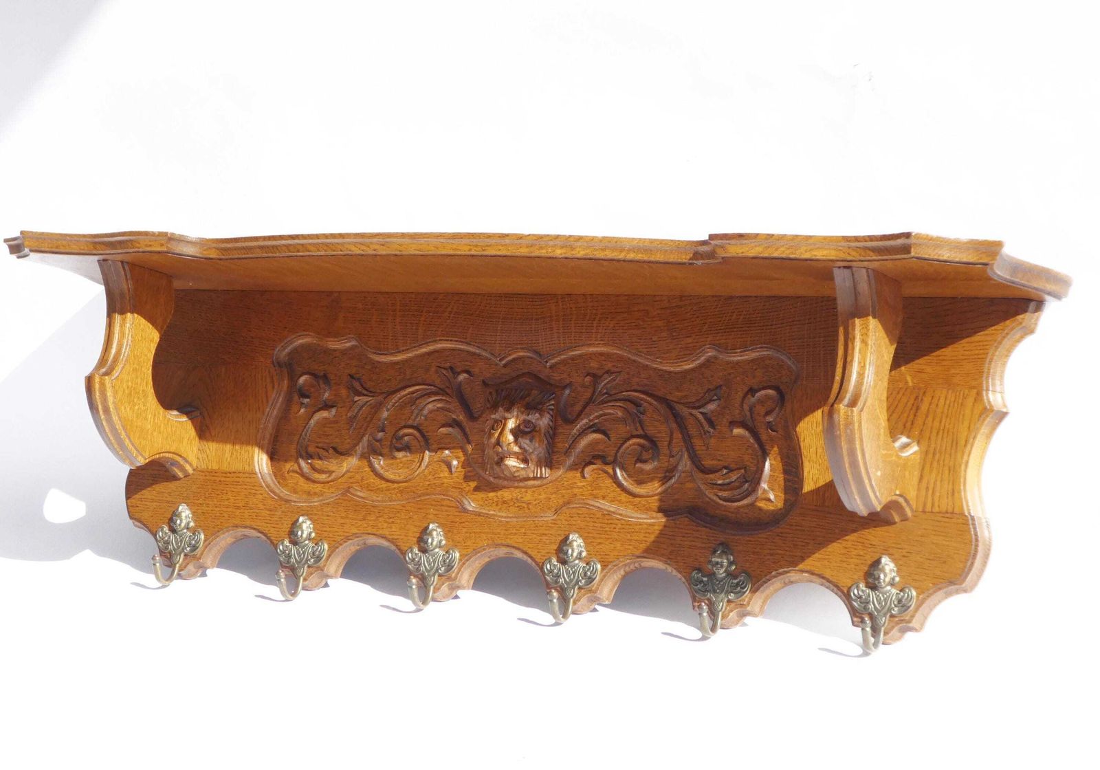 Antique Carved Wood Wall Shelf With Brass Angel Hooks, Oak Coat Rack With Lions Head, French Rustic Decor