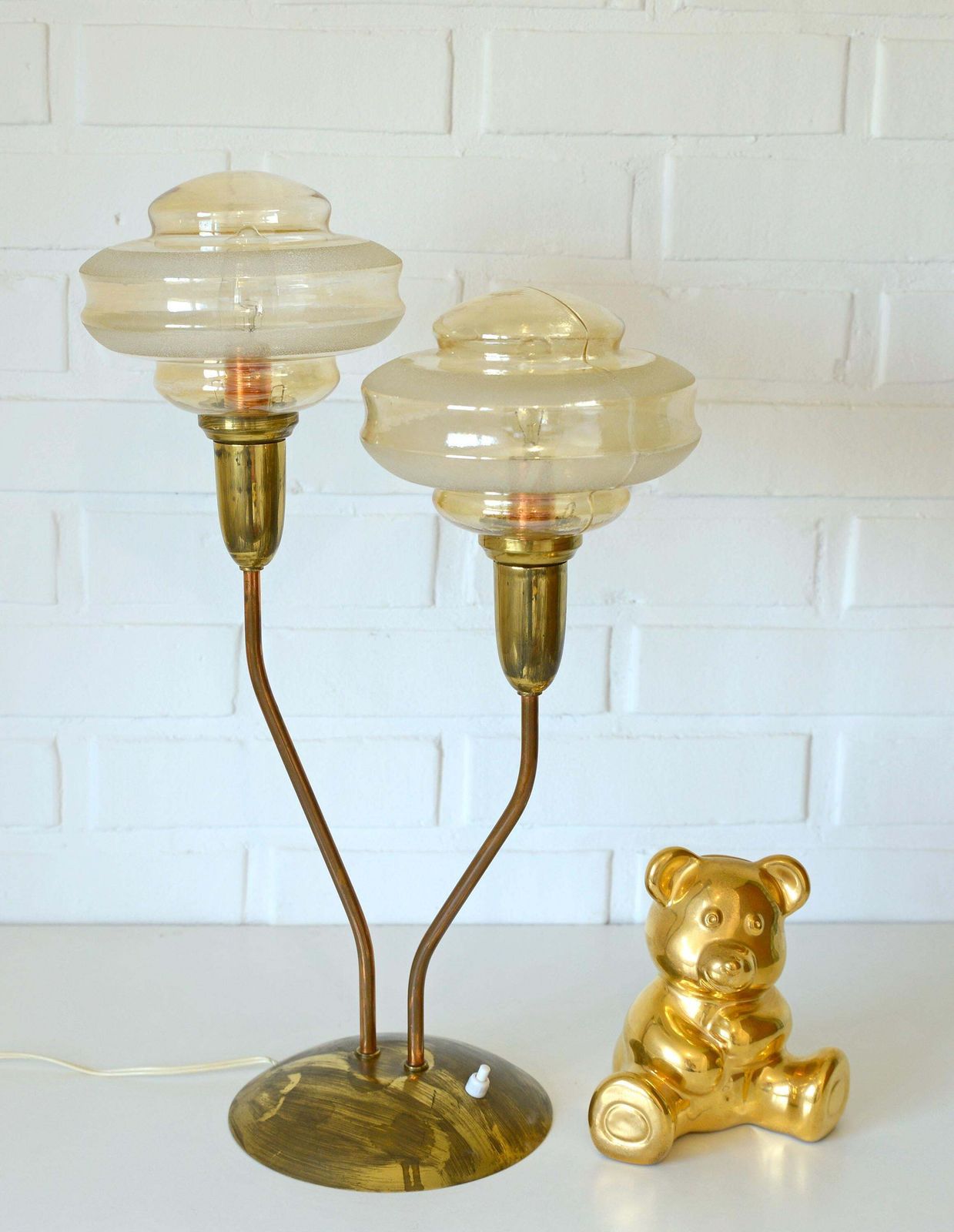 Elegant Vintage Floor Lamp / Brass Desk Light Fixture / Art Deco Style Table Lamp / Mushroom Lamp / Amber Glass Shade Lighting photo furniture