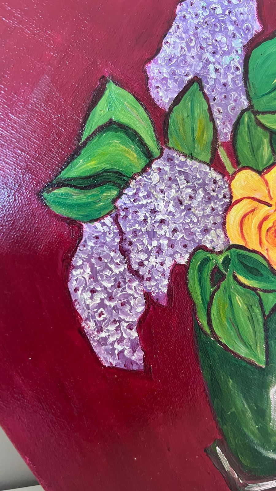 Contemporary Signed Floral Red Background Oil Painting On Unique Hexagonal Canvas photo for sale
