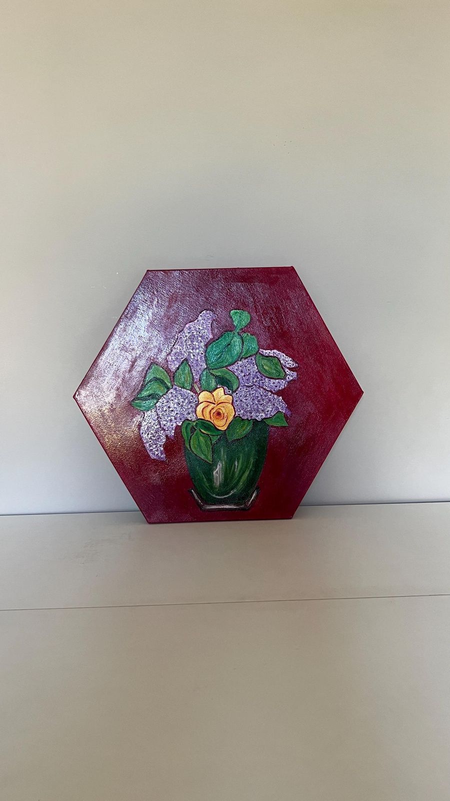 photo furniture Contemporary Signed Floral Red Background Oil Painting On Unique Hexagonal Canvas