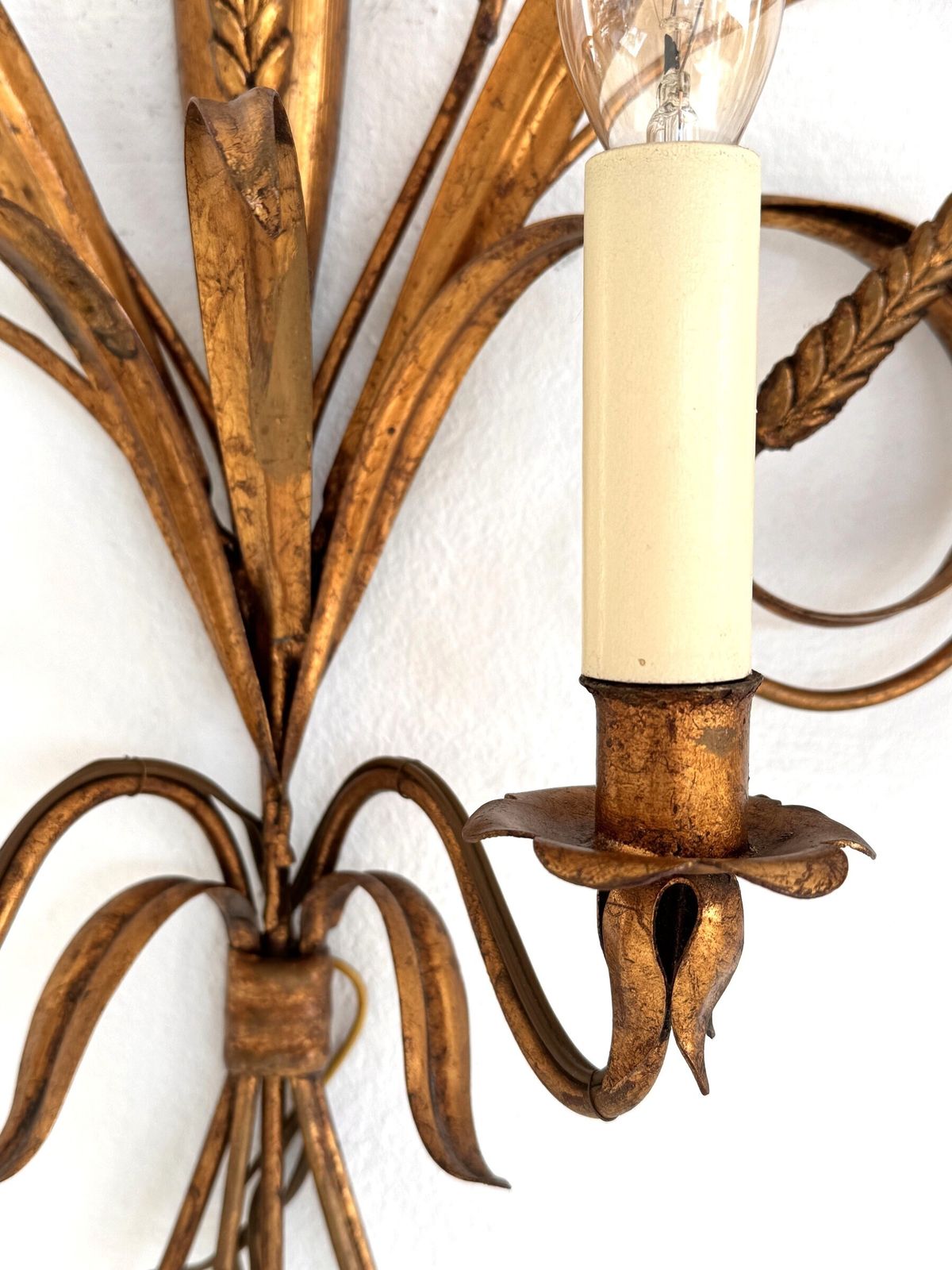 photo for sale Pair Sheaf Of Wheat Sconces Hollywood Regency Gilt Metal By Hans Kögl, Italy 1960