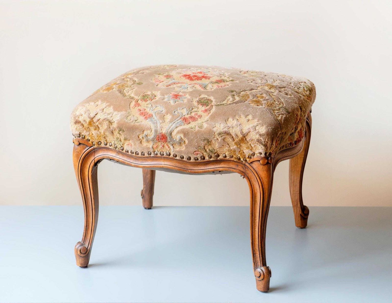 Antique Wooden Stool With Velvet Seat, French Footstool, Renaissance Style, Rustic Bench, Bend Legs, Hand Carved Tabouret