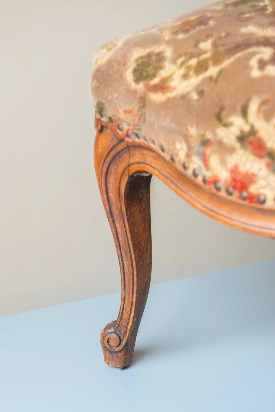 Antique Wooden Stool With Velvet Seat, French Footstool, Renaissance Style, Rustic Bench, Bend Legs, Hand Carved Tabouret photo for sale