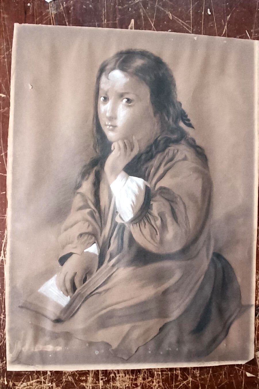 Female Portrait Charcoal Design White Pencil Signed Bag Late 800