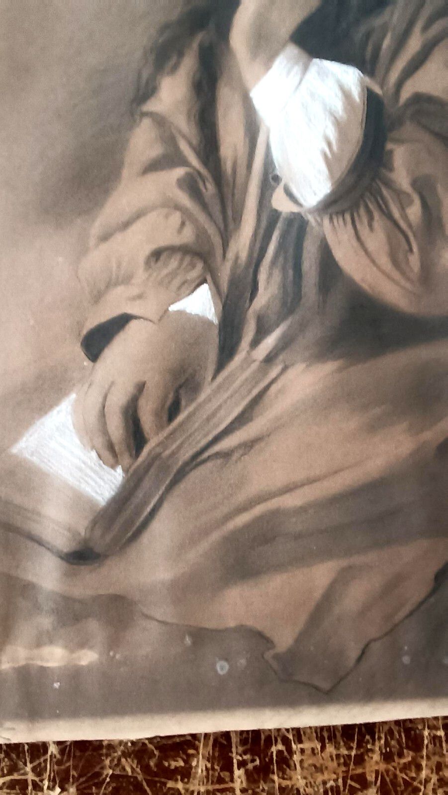 Female Portrait Charcoal Design White Pencil Signed Bag Late 800 photo vintage