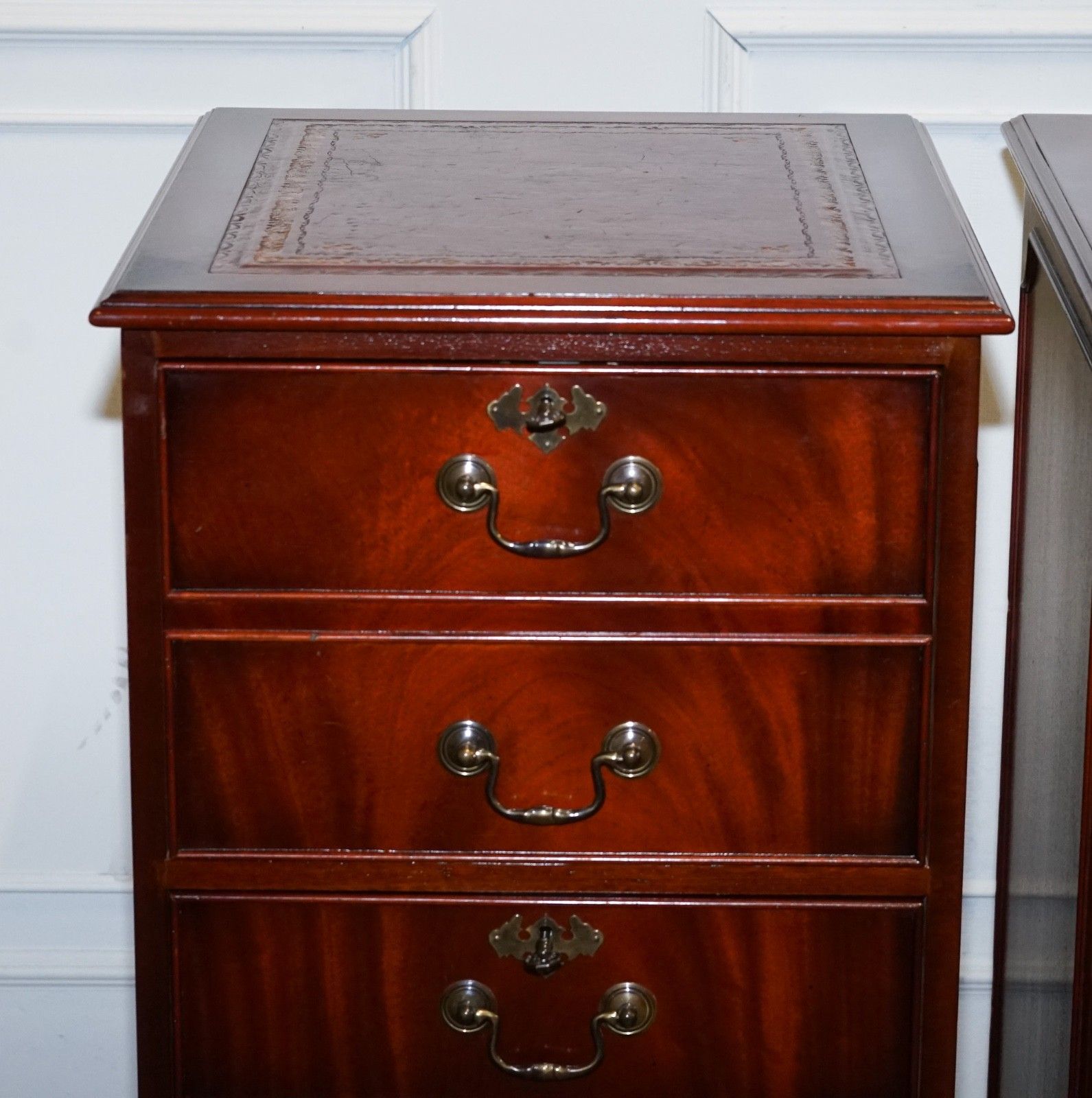 Pair Of Filling Cabinets Burgundy Leather Gold Embossed Top 3 Spacious Drawers photo vinterior