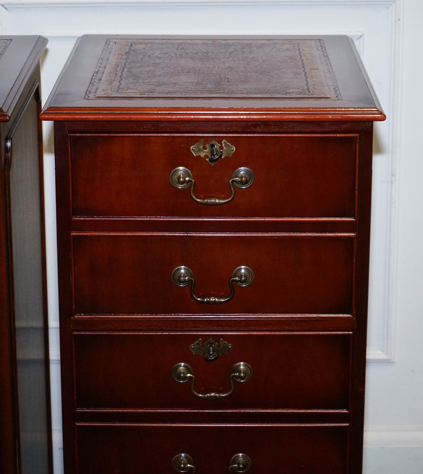Pair Of Filling Cabinets Burgundy Leather Gold Embossed Top 3 Spacious Drawers photo vintage