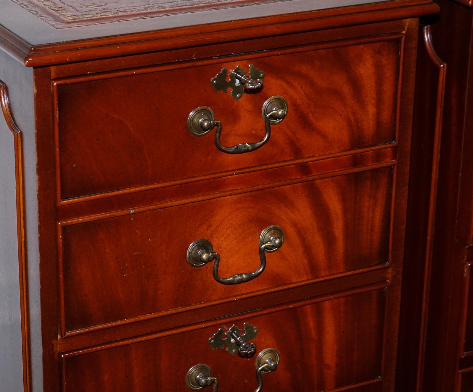 photo for sale Pair Of Filling Cabinets Burgundy Leather Gold Embossed Top 3 Spacious Drawers