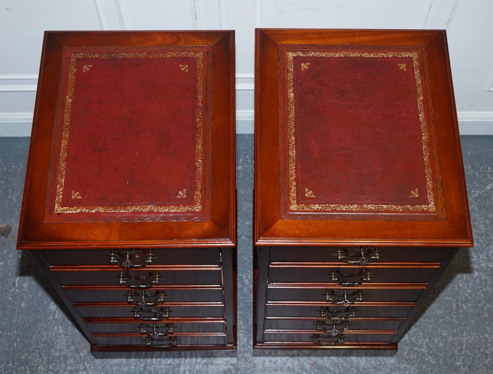 Furniture Pair Of Filling Cabinets Burgundy Leather Gold Embossed Top 3 Spacious Drawers photo