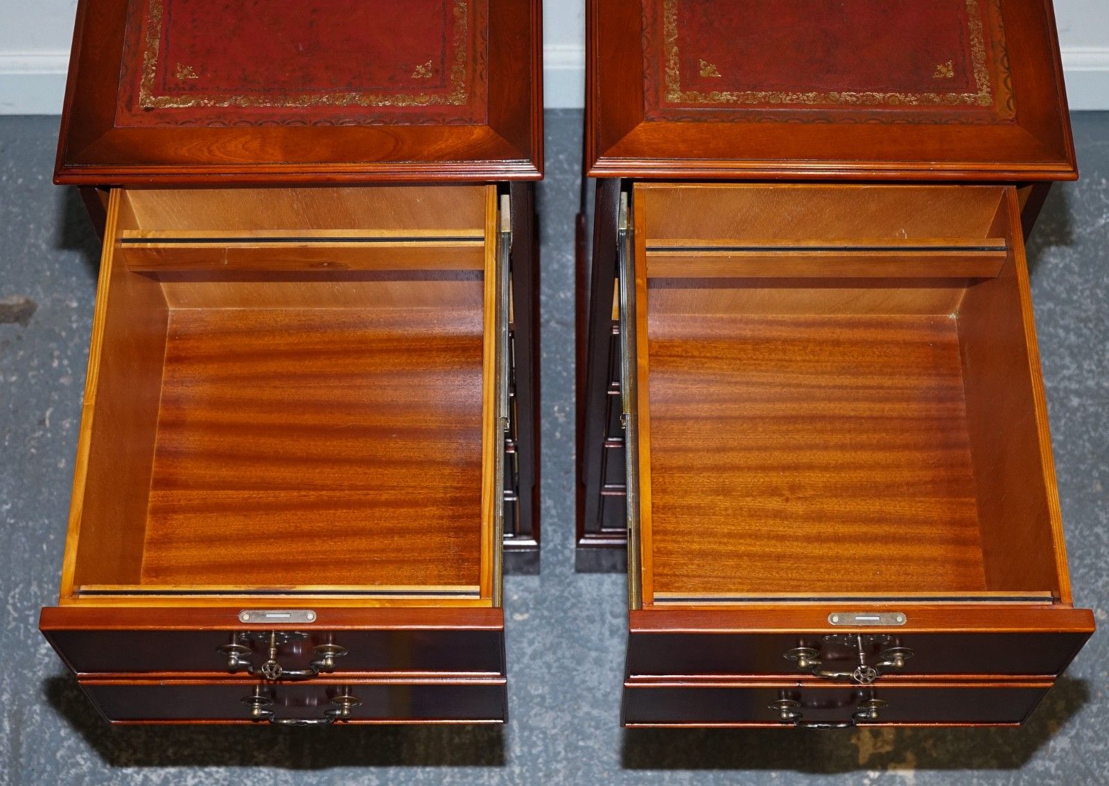 photo buy Pair Of Filling Cabinets Burgundy Leather Gold Embossed Top 3 Spacious Drawers