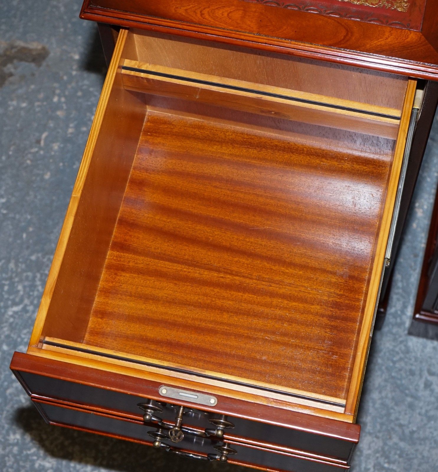 photo vintage Pair Of Filling Cabinets Burgundy Leather Gold Embossed Top 3 Spacious Drawers