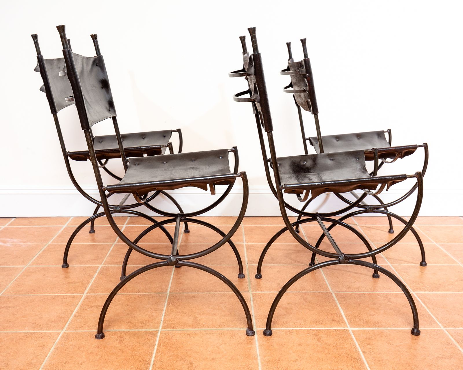 photo for sale Leather Dining Chairs Wrought Iron Set Of 4 Vintage Spanish Curule Savonarola Hide Saddle Leather 1970s Rusti.C Classical