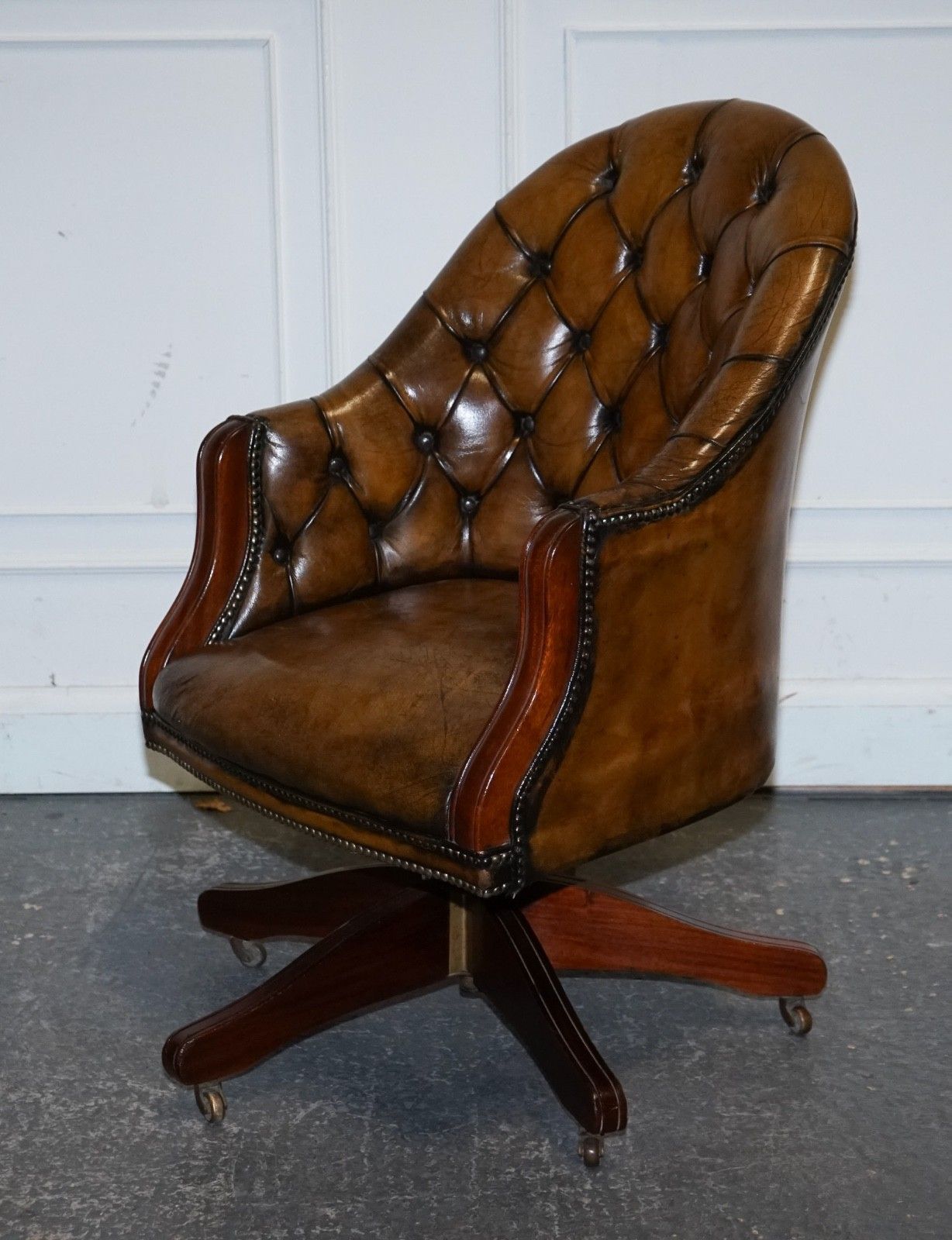 Antique Deep Buttoned Chesterfield Georgian Style Hand Dyed Leather Desk Chair photo for sale