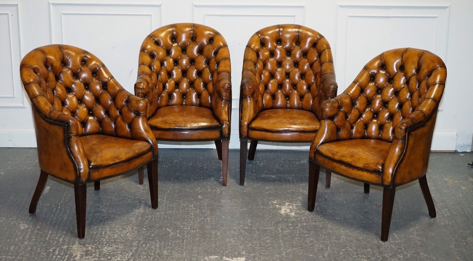 Set Of Four English Chesterfield Hand Dyed Leather Office Library Tub Chairs photo furniture