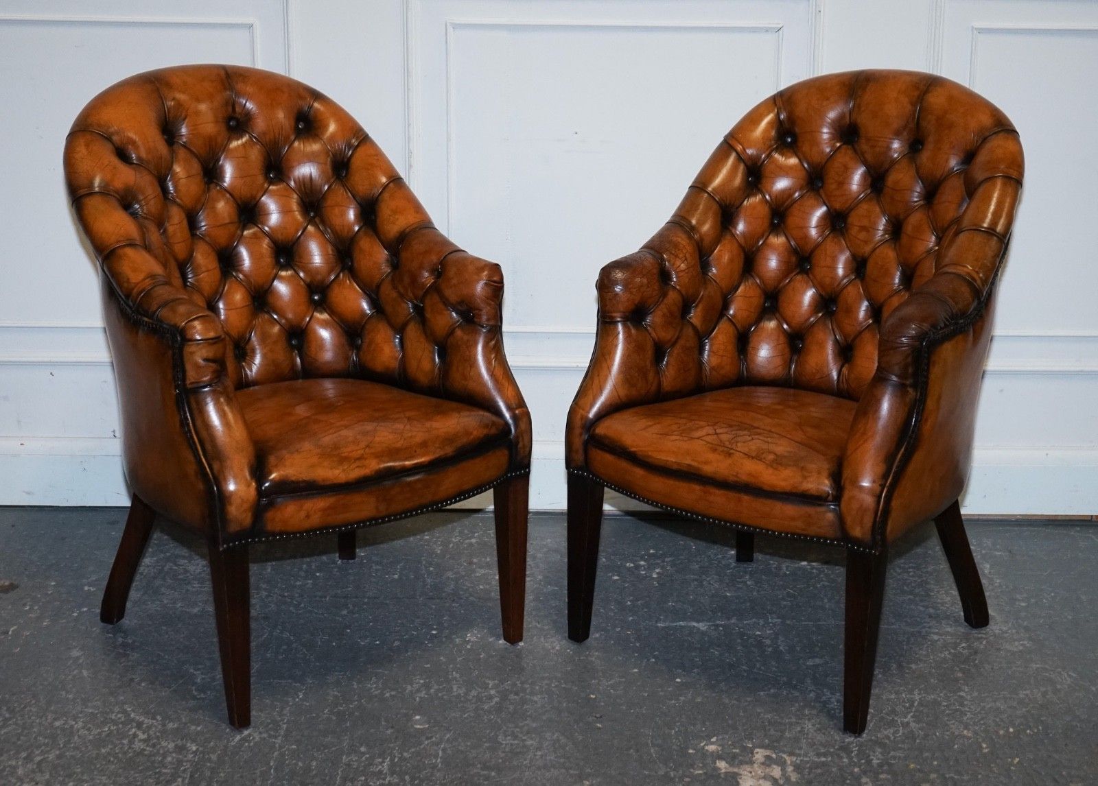 Set Of Four English Chesterfield Hand Dyed Leather Office Library Tub Chairs photo Furniture