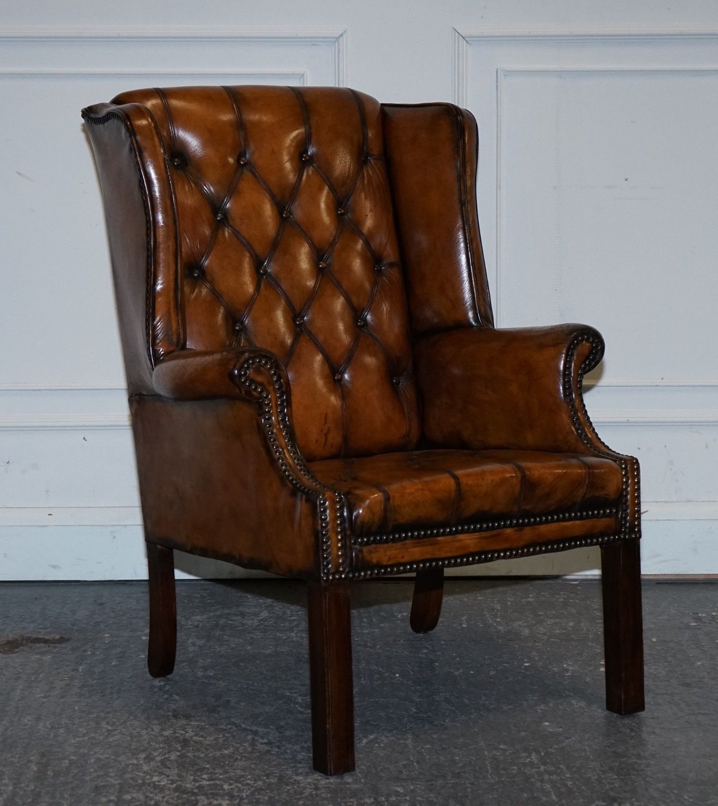 Stunning 1960's Hand Dyed Brown Leather Chesterfield Wingback Armchairs photo 4500.0