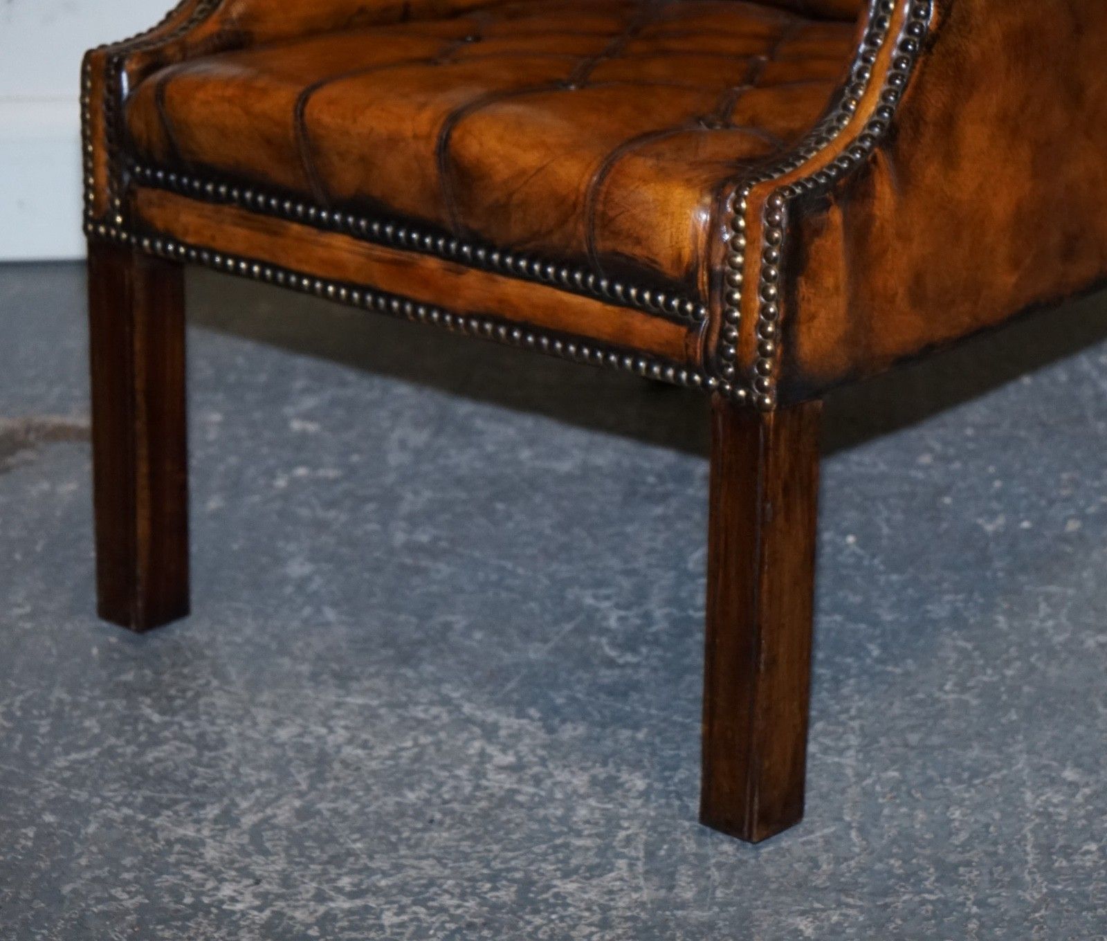 photo furniture Stunning 1960's Hand Dyed Brown Leather Chesterfield Wingback Armchairs