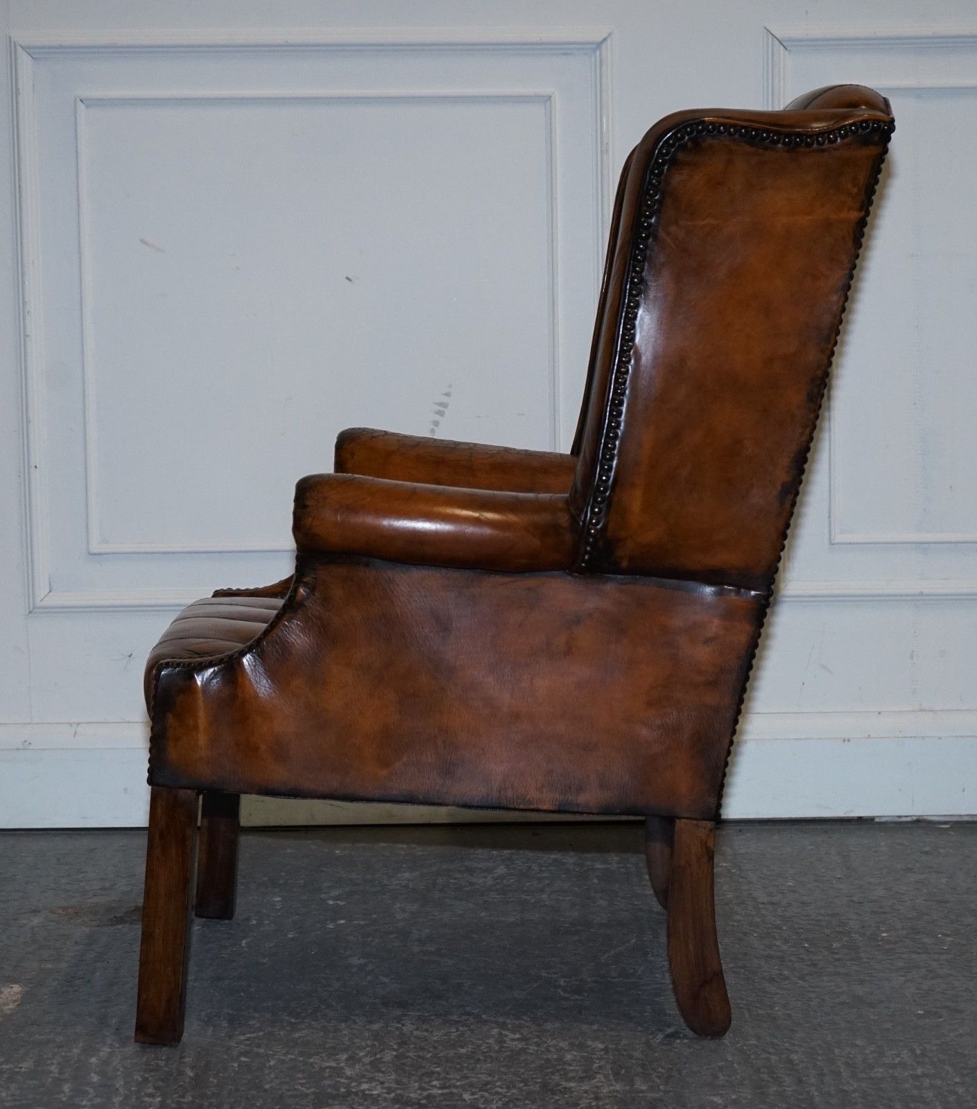 photo vinterior Stunning 1960's Hand Dyed Brown Leather Chesterfield Wingback Armchairs