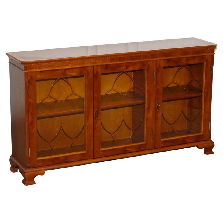 Vintage Yew Wood Glazed Bookcase Sideboard Triple Door Display Cabinet