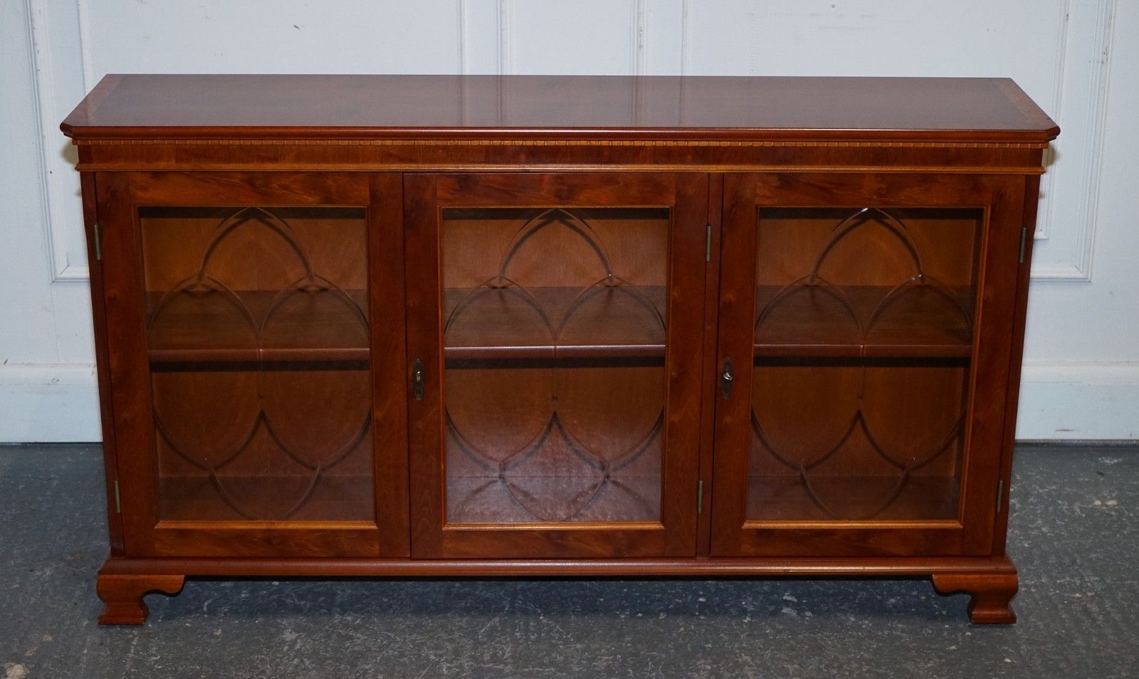 Vintage Yew Wood Glazed Bookcase Sideboard Triple Door Display Cabinet photo for sale