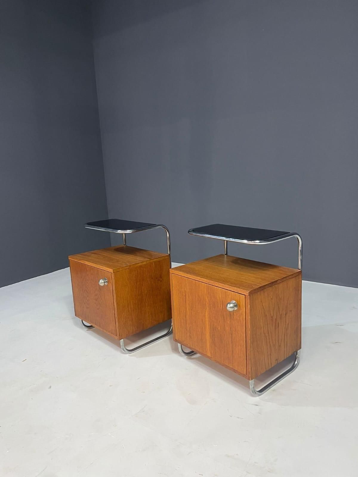 photo for sale Renovated Bauhaus Style Chrome And Oak Nightstands By Kovona, Czechoslovakia, 1950s