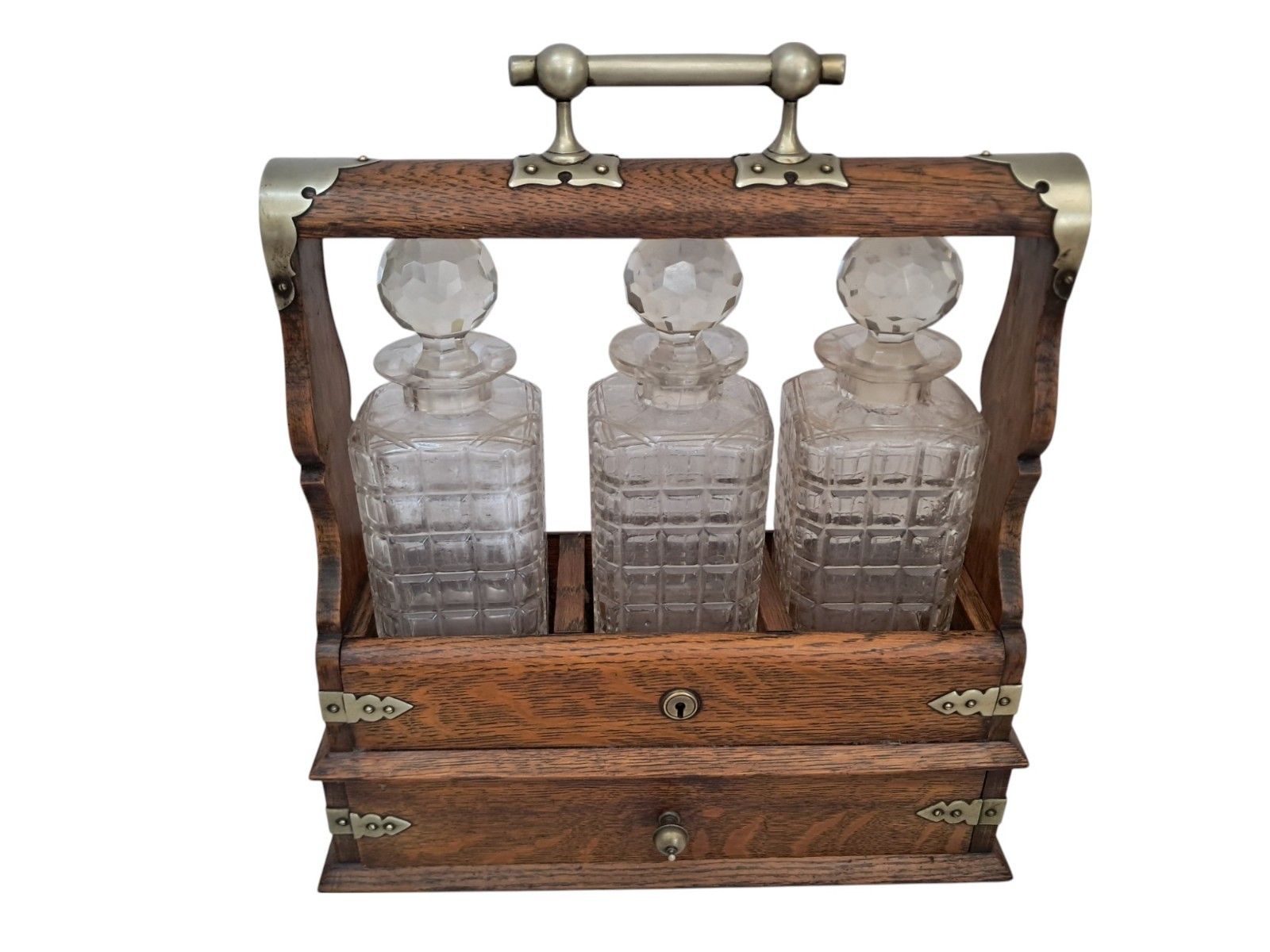 Antique Locking Tantalus + Three Decanters Oak & Brass Victorian Decanter Caddy photo for sale