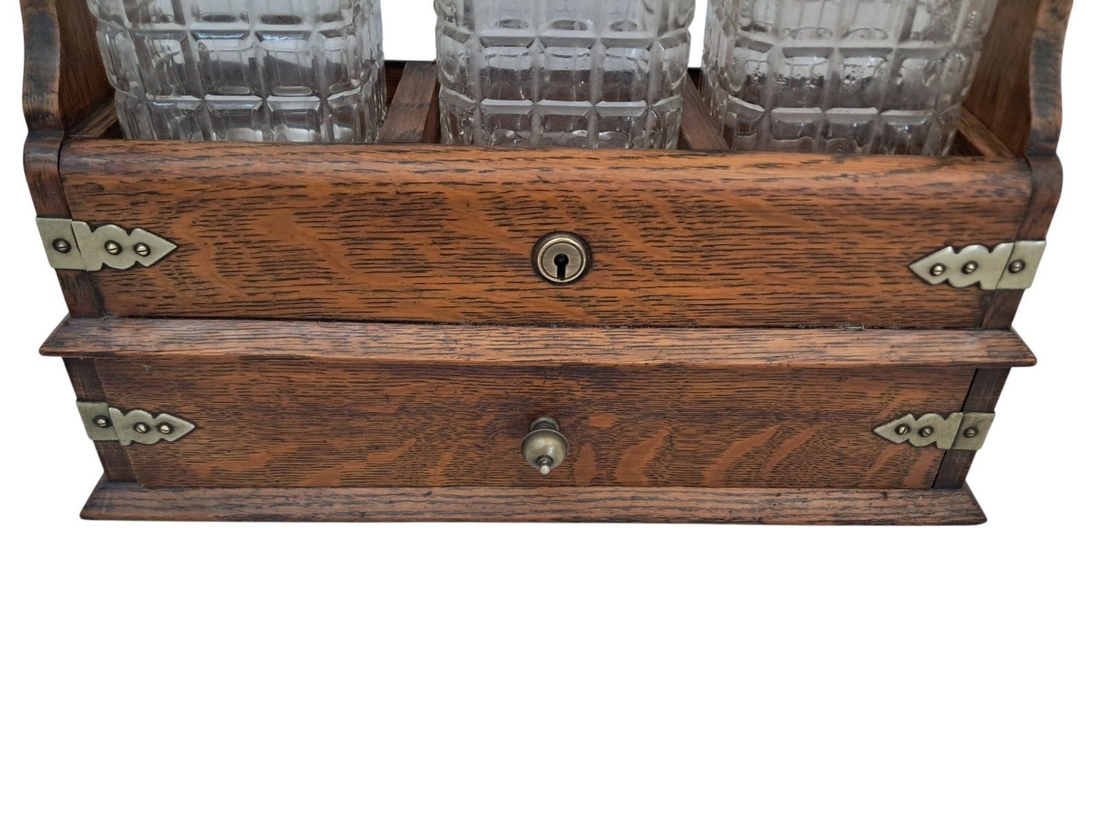 Antique Locking Tantalus + Three Decanters Oak & Brass Victorian Decanter Caddy photo Home Decor