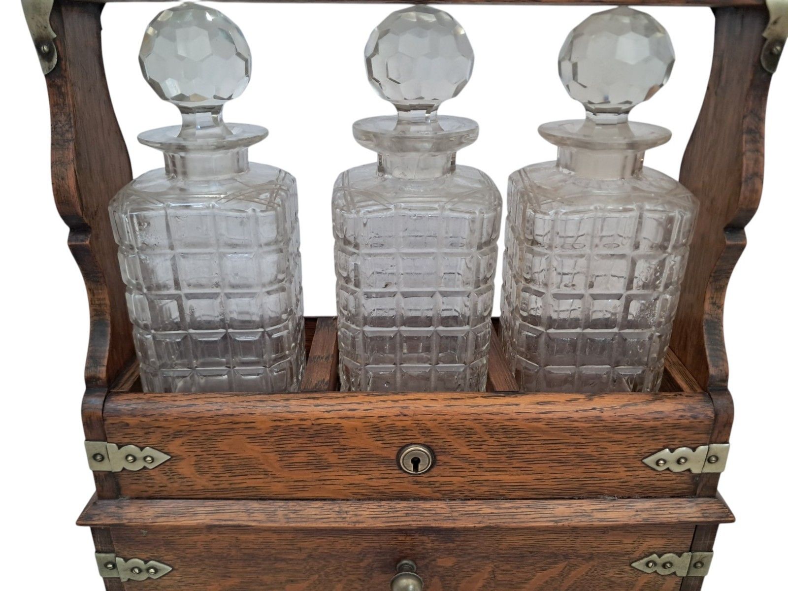 Antique Locking Tantalus + Three Decanters Oak & Brass Victorian Decanter Caddy photo 450.0