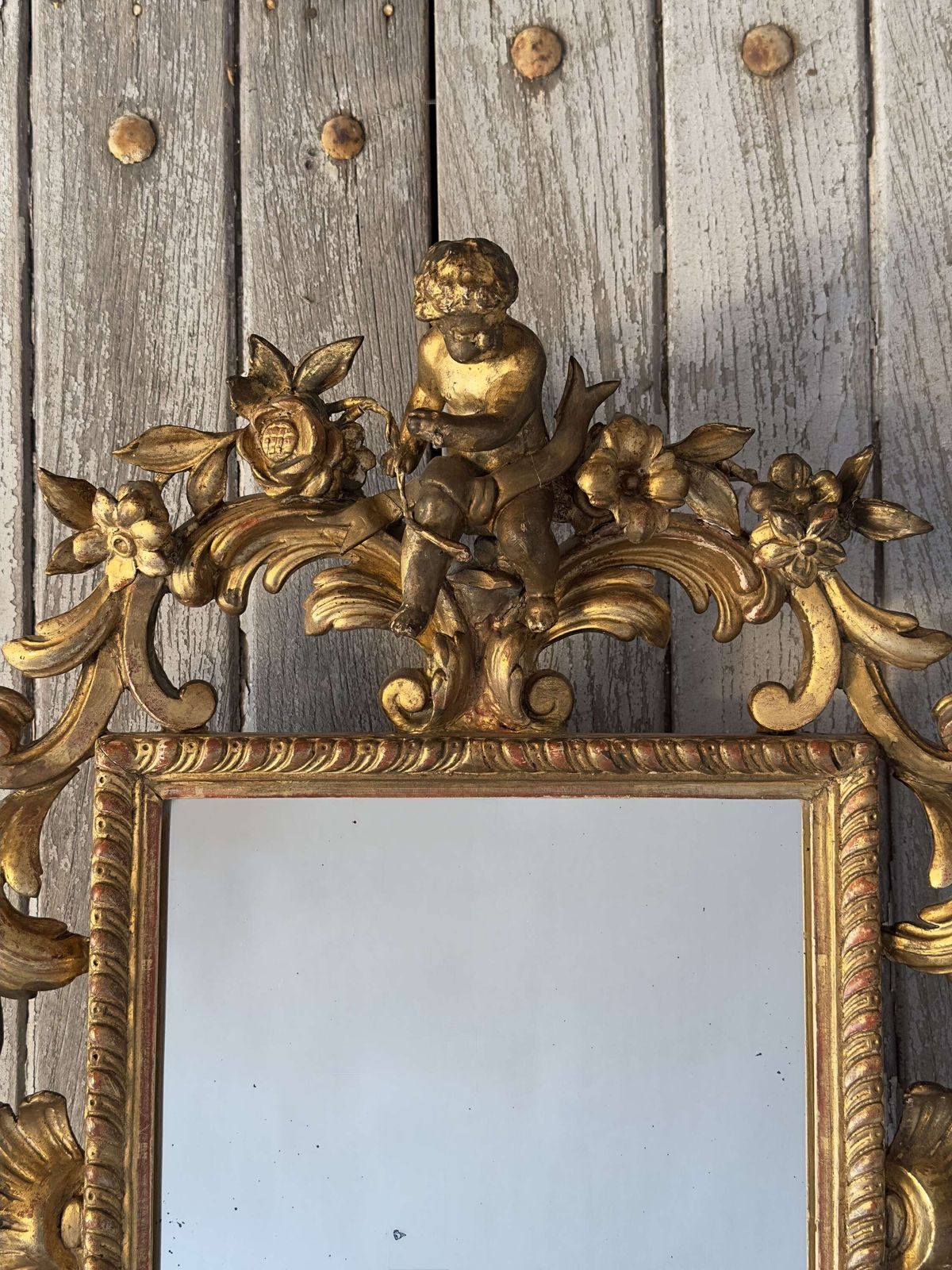 Antique Italian Giltwood Mirror – Rococo Style With Cherub Crest – Late 18th – Early 19th photo furniture