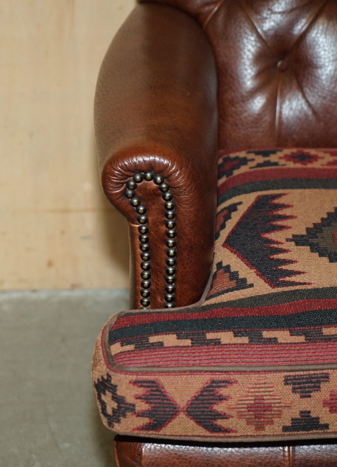 Lovely Brown Leather Chesterfield Tufted Kilim Upholstered Library Armchair photo vintage