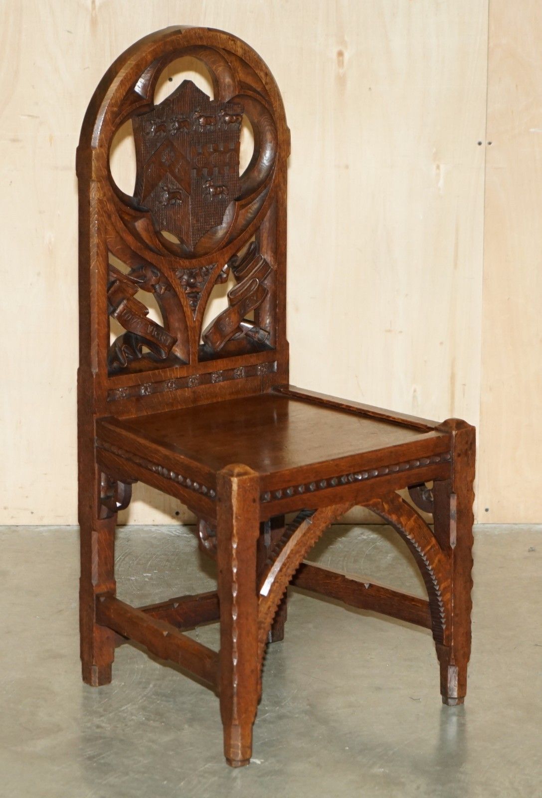 Antique Carved English Oak Side Hall Chair With Armorial Crest Coat Of Arms photo furniture