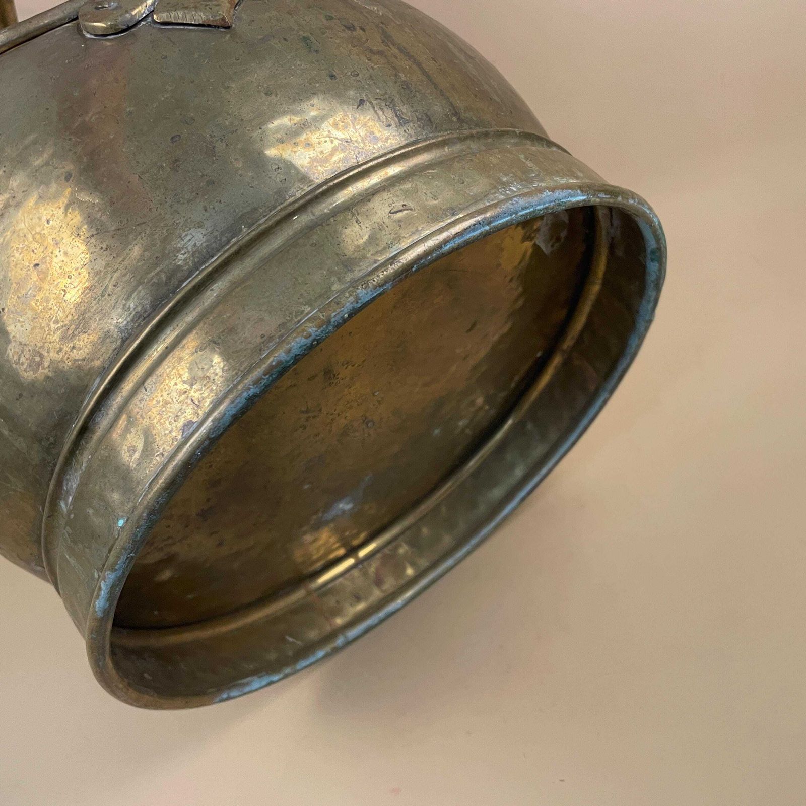 photo furniture Antique Metal Gold Brass Coal Bucket Handle Fireside Fire Side Scuttle Log Helmet Farmhouse Cottage Aged Patina Vintage Fireplace Logs