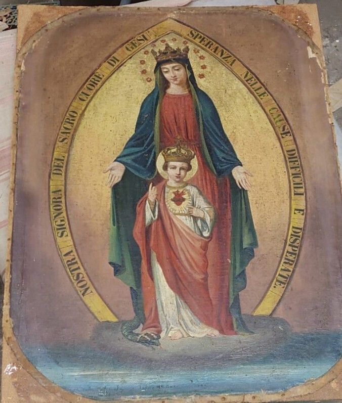 498.0 Madonna And Child Canvas Painting Original Gilded Frame 19th Century photo