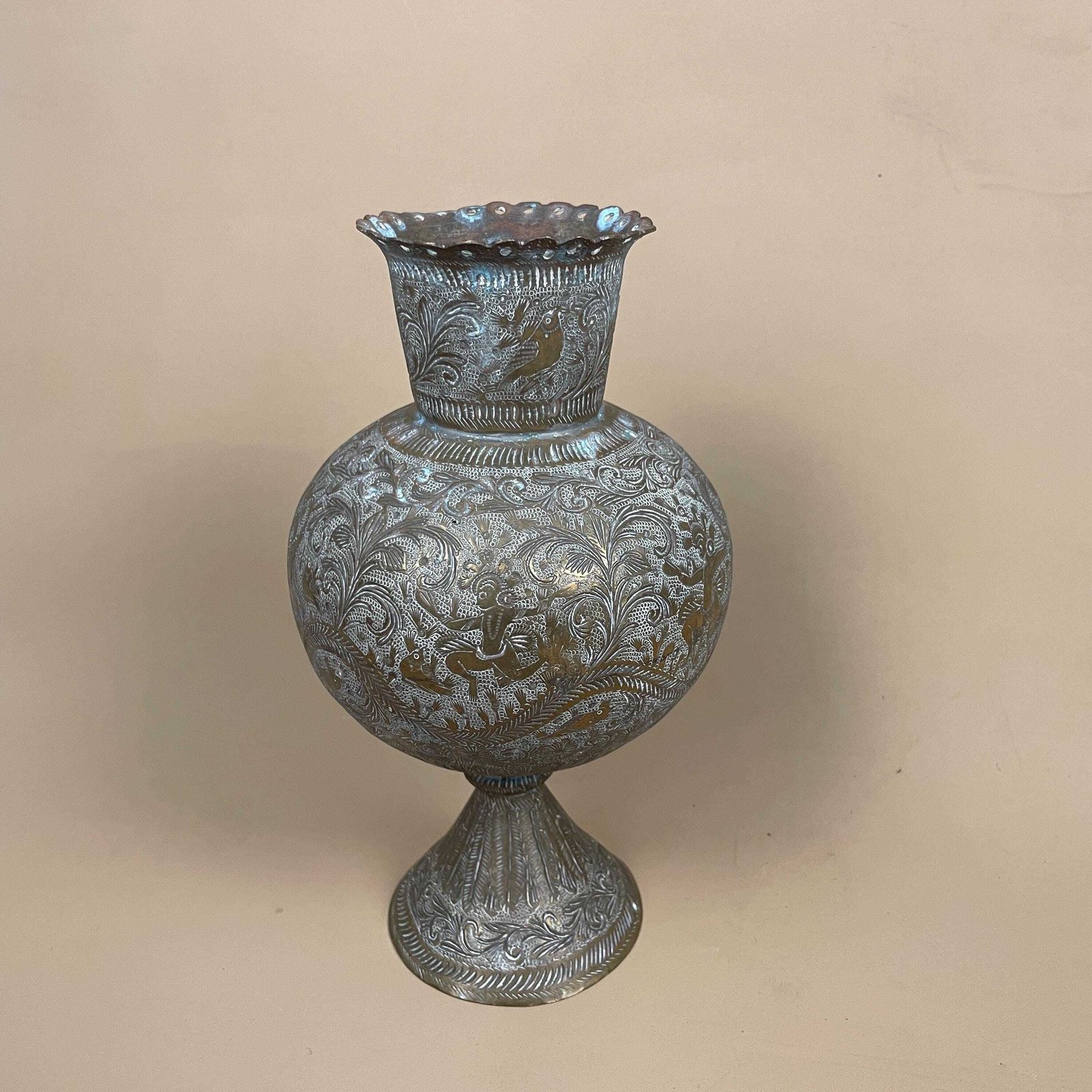 Antique Metal Gold Indian Patterned Brass Plant Pot Vase Jug Planter Jardiniere Handmade Engraved Etched Intricate Vintage Decorative Asian photo Home Decor