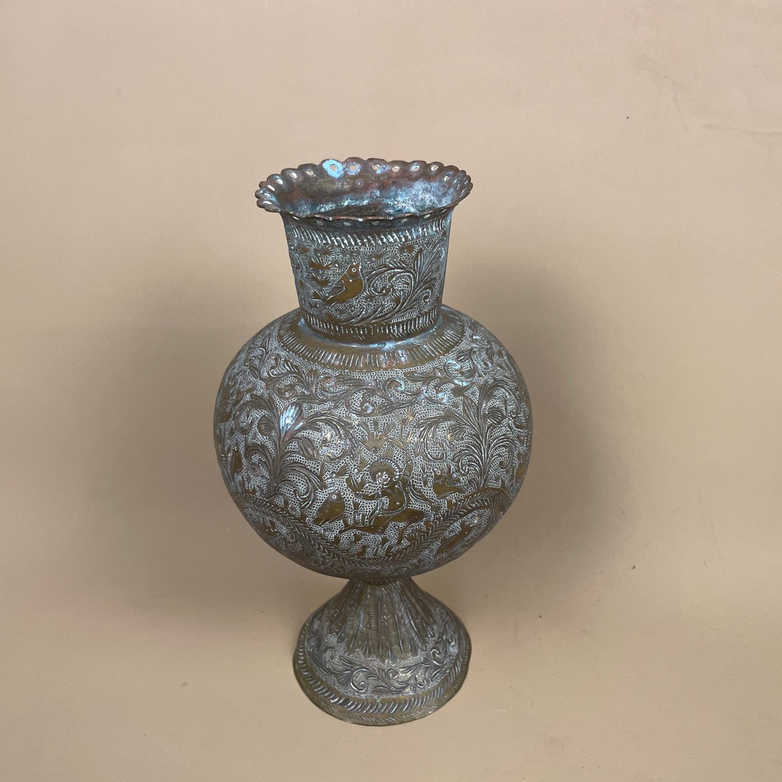Antique Metal Gold Indian Patterned Brass Plant Pot Vase Jug Planter Jardiniere Handmade Engraved Etched Intricate Vintage Decorative Asian photo buy