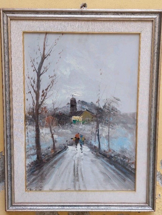 Oil Painting On Canvas Glimpse With Characters 50x70 Cm 60s 70s Signed photo furniture
