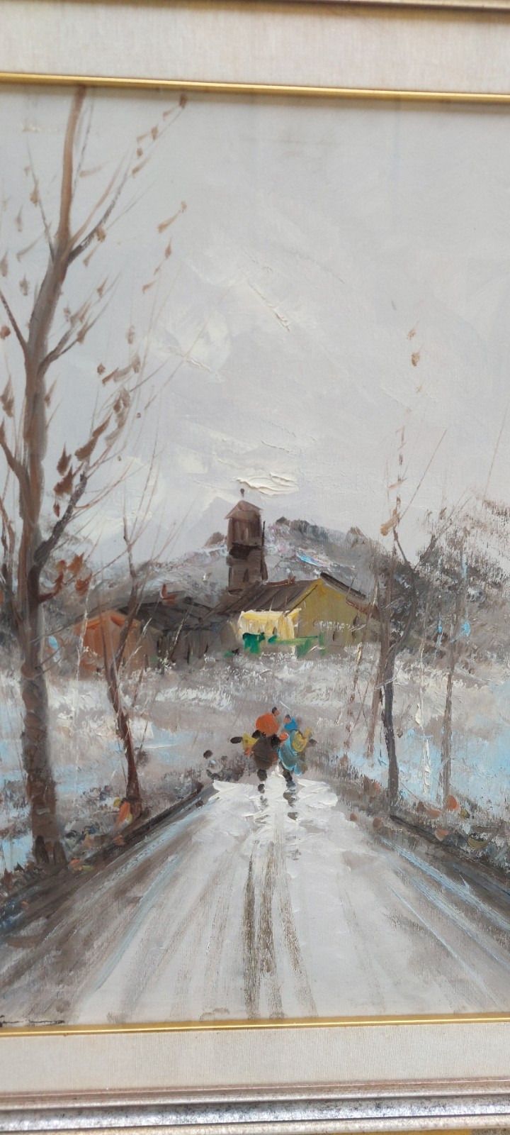 Oil Painting On Canvas Glimpse With Characters 50x70 Cm 60s 70s Signed photo for sale