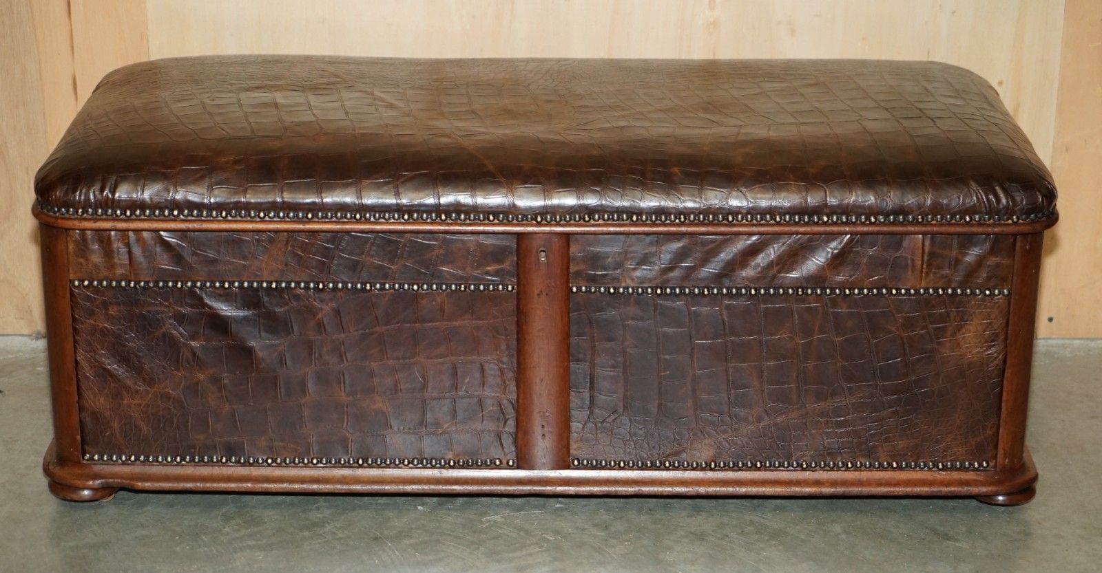 Antique 1860 Mahogany Alligator Crocodile Patina Brown Leather Ottoman Trunk photo for sale