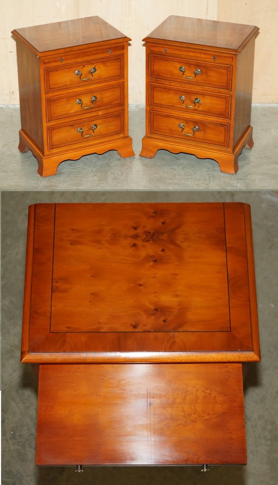 Pair Of Bradley Furniture Burr Yew Bedside Table Nightstand Drawers Butlers Tray