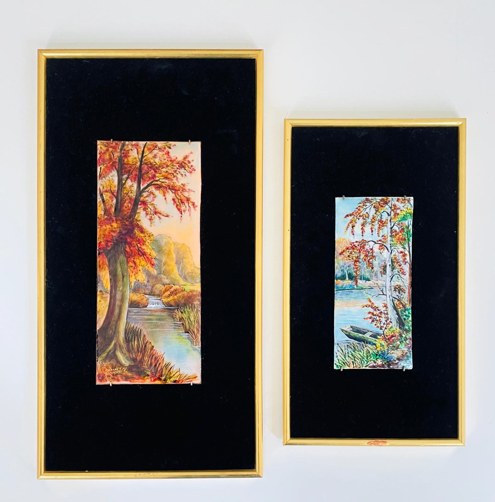 Pair Of Signed P. Bonnet Limoges Enamel Landscape Paintings On Velvet Background, 20th Century