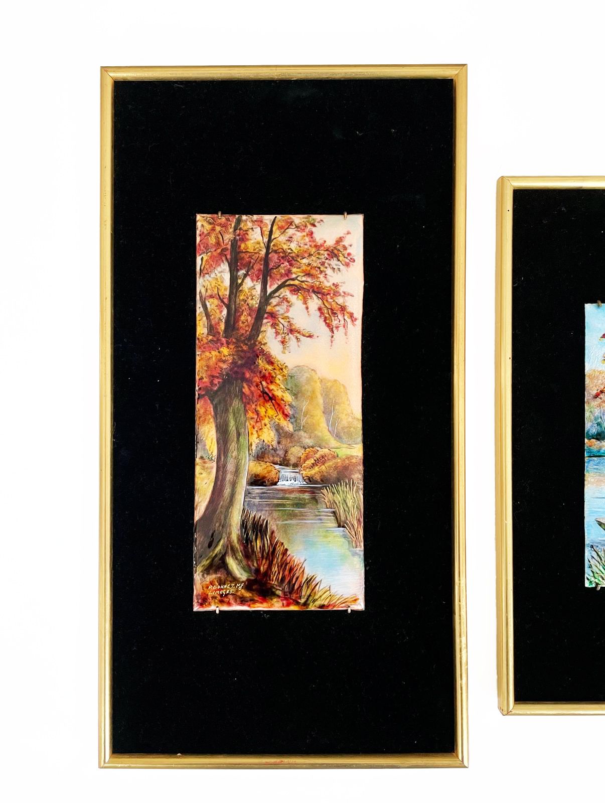 Pair Of Signed P. Bonnet Limoges Enamel Landscape Paintings On Velvet Background, 20th Century photo for sale