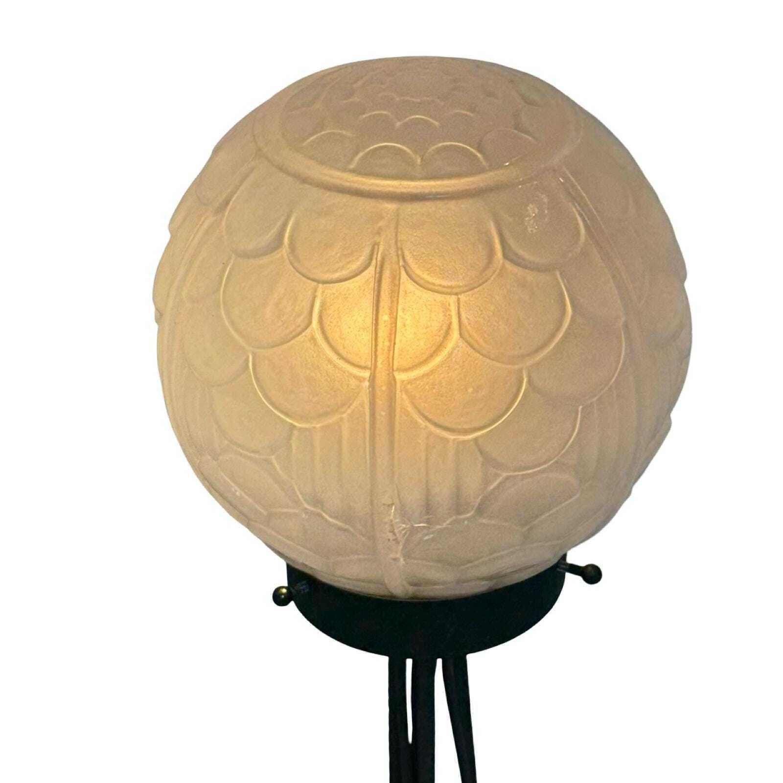 Art Deco   Table Lamp   Satin Glass Dome Resting On Wrought Iron Base   France   Ca. 1930's photo vintage