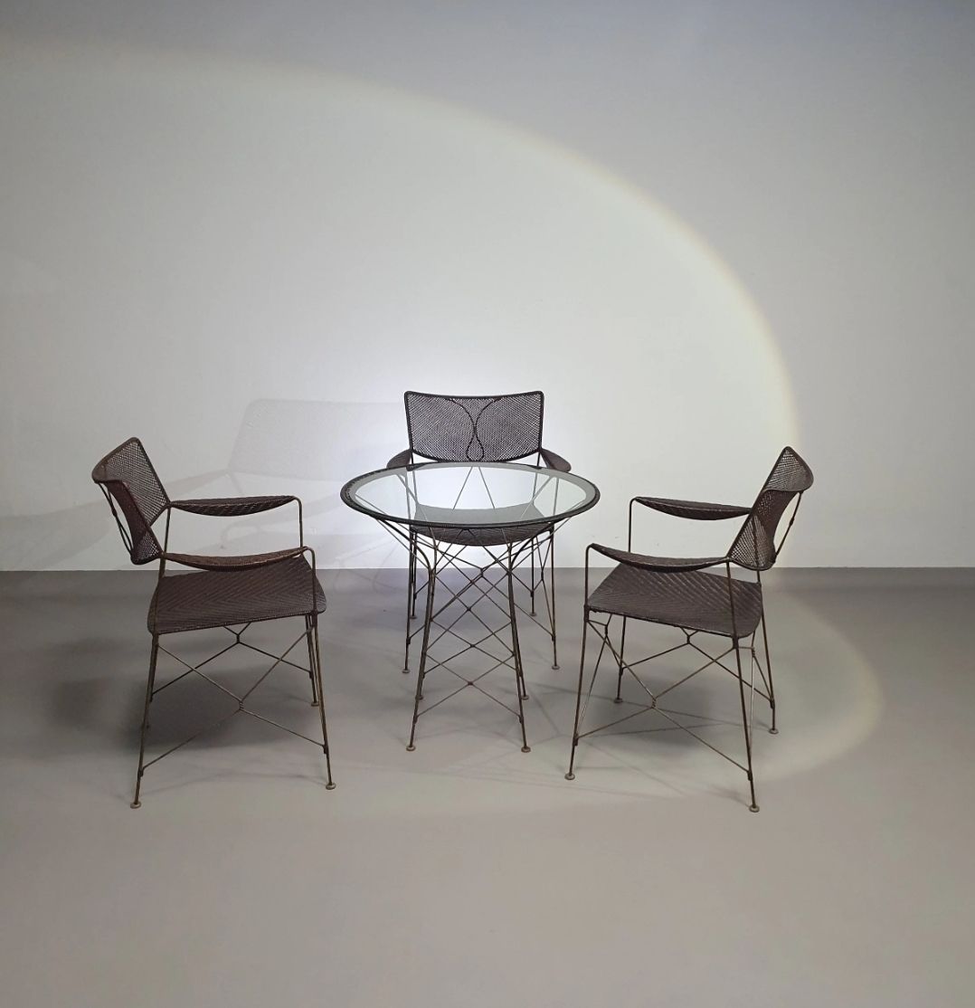 Beautiful Dining Set Designed By Yuzuru Yamakawa. The Chairs And Table Are Made Of Wiredmetal With Woven Rattan.