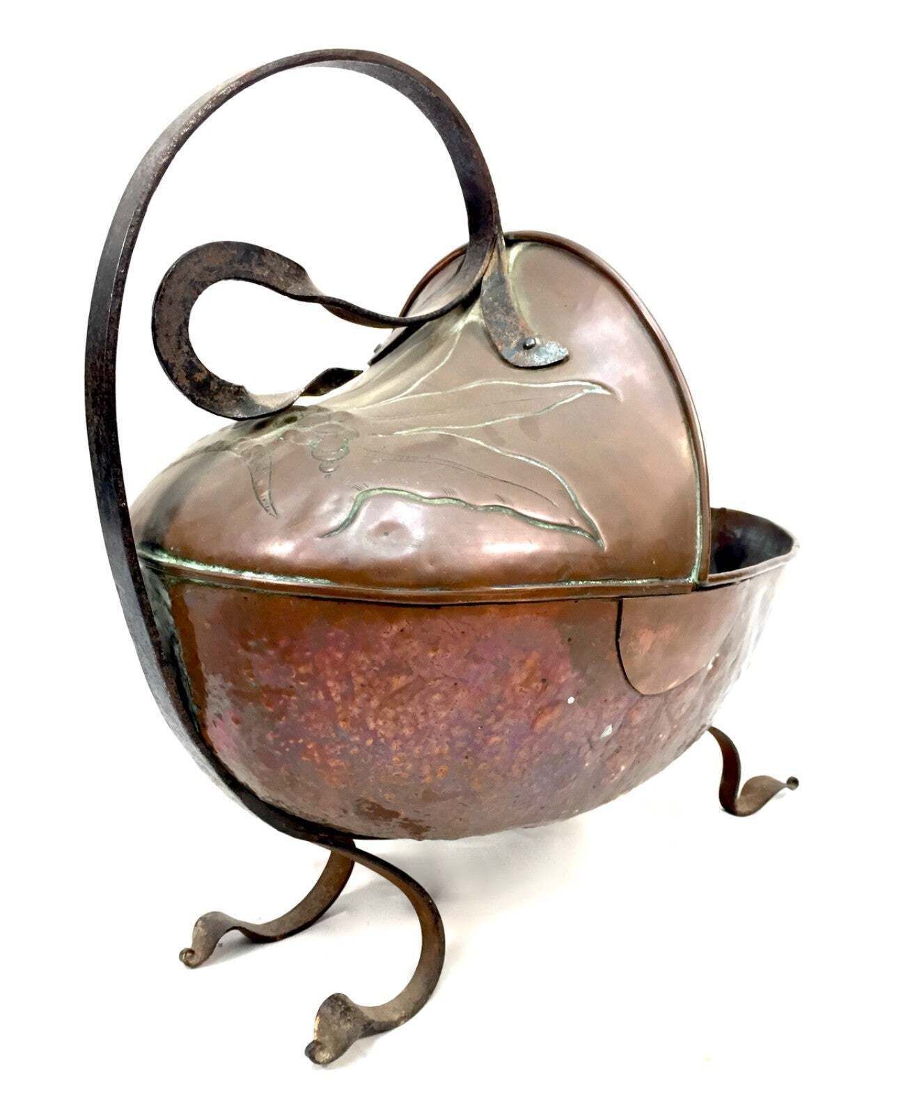 Antique Copper Coal Helemt Scuttle With Brass Legs Art Nouveau / 19th Century photo 169.0